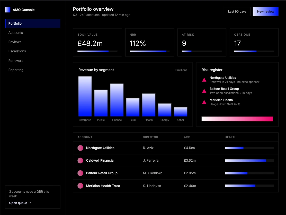 AMO console — portfolio overview: KPI row, revenue by segment, risk register, account table