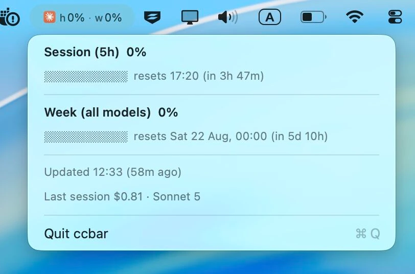 ccbar menu bar popover — session and weekly usage bars with their reset times, and the last session cost