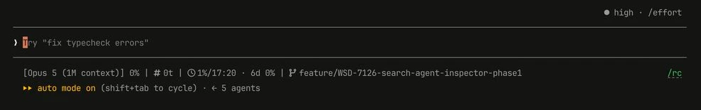 The bottom of a Claude Code session in iTerm2 — a status line showing model, token count, session and weekly limits, and the current worktree branch