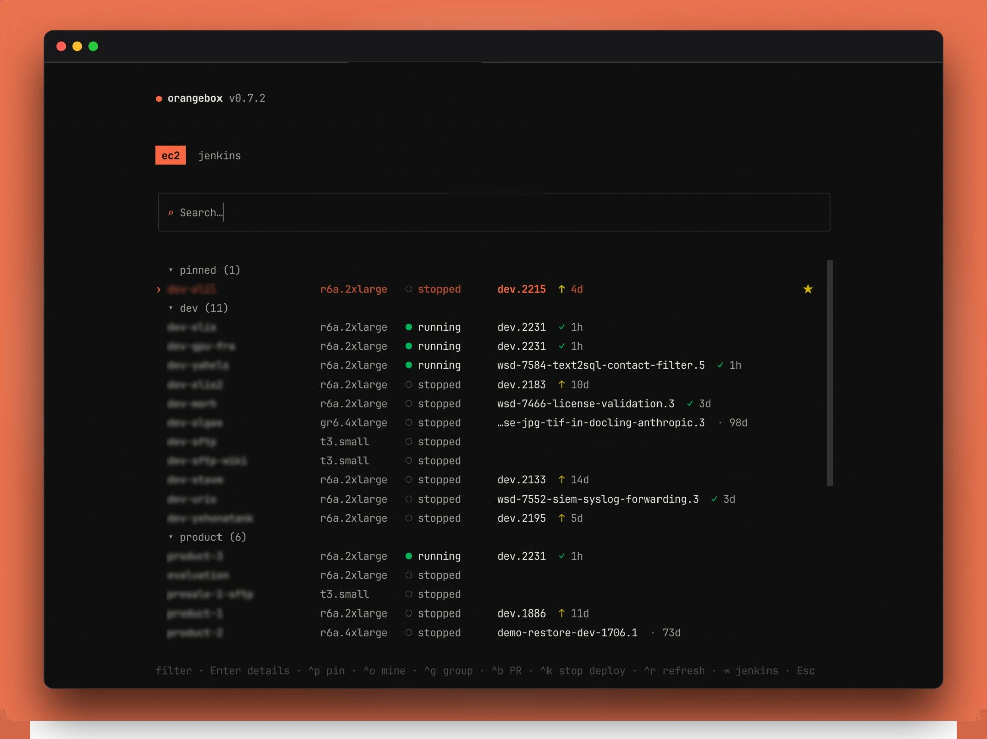 orangebox EC2 list — every instance, its state and the build on it