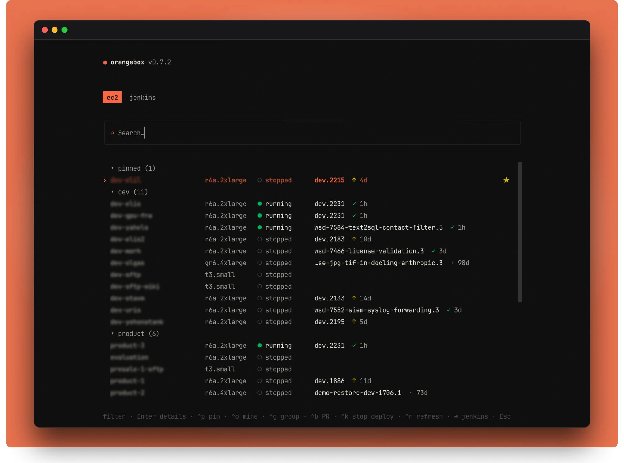 orangebox EC2 list — every instance, its state and the build on it