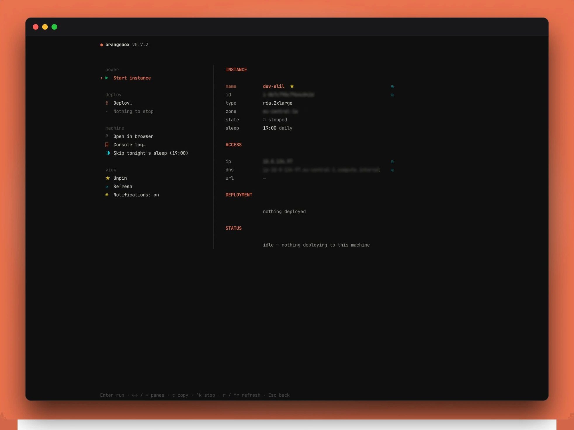 orangebox instance detail — power, deploy and machine actions next to live instance state