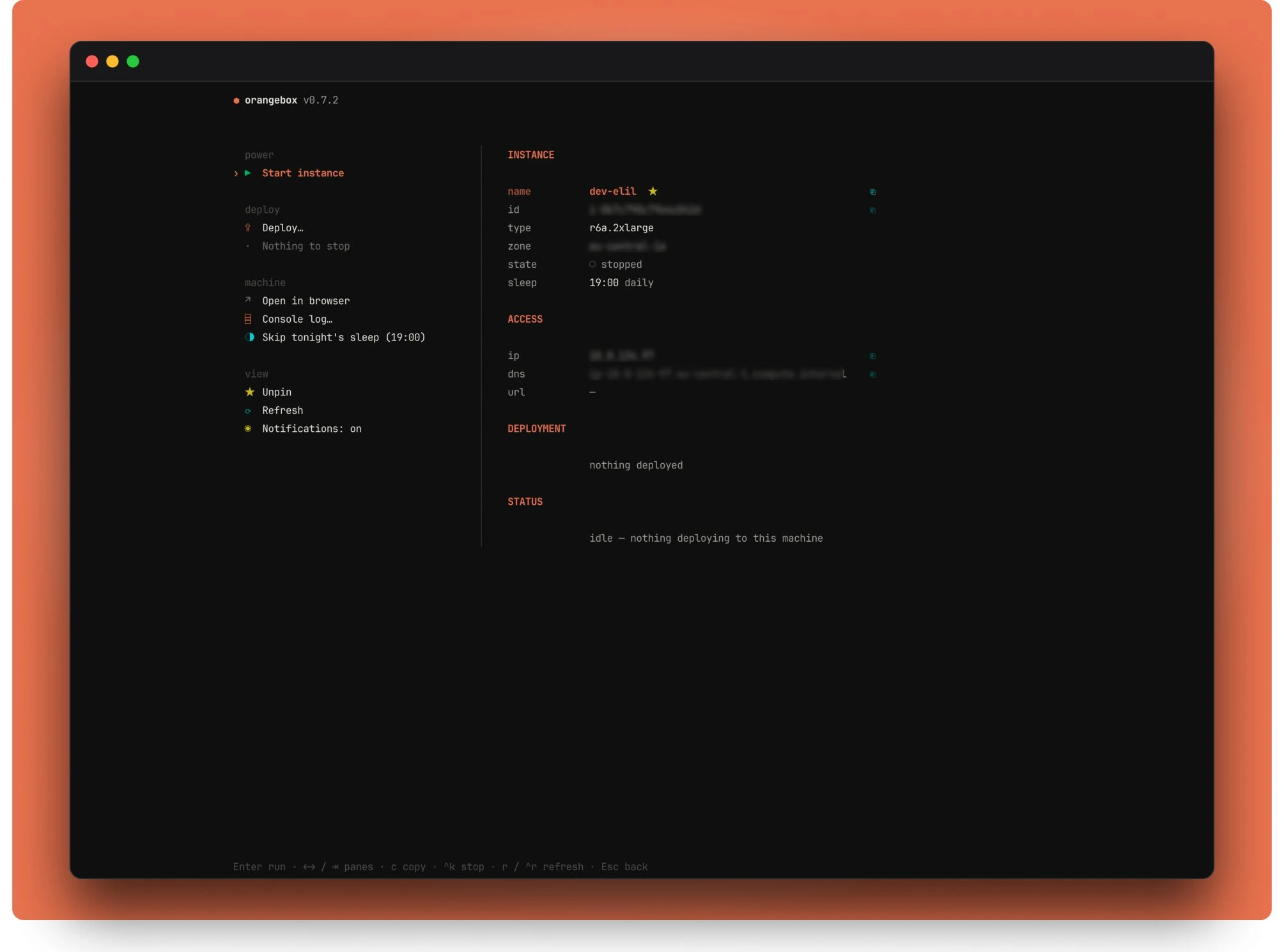 orangebox instance detail — power, deploy and machine actions next to live instance state