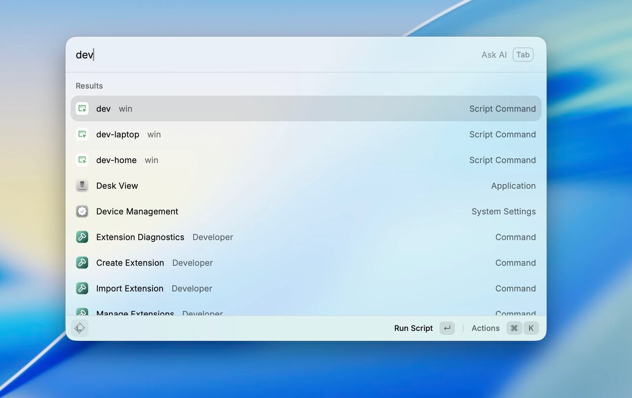 Raycast search results for "dev" — three script commands, dev, dev-laptop and dev-home, each one a window layout preset
