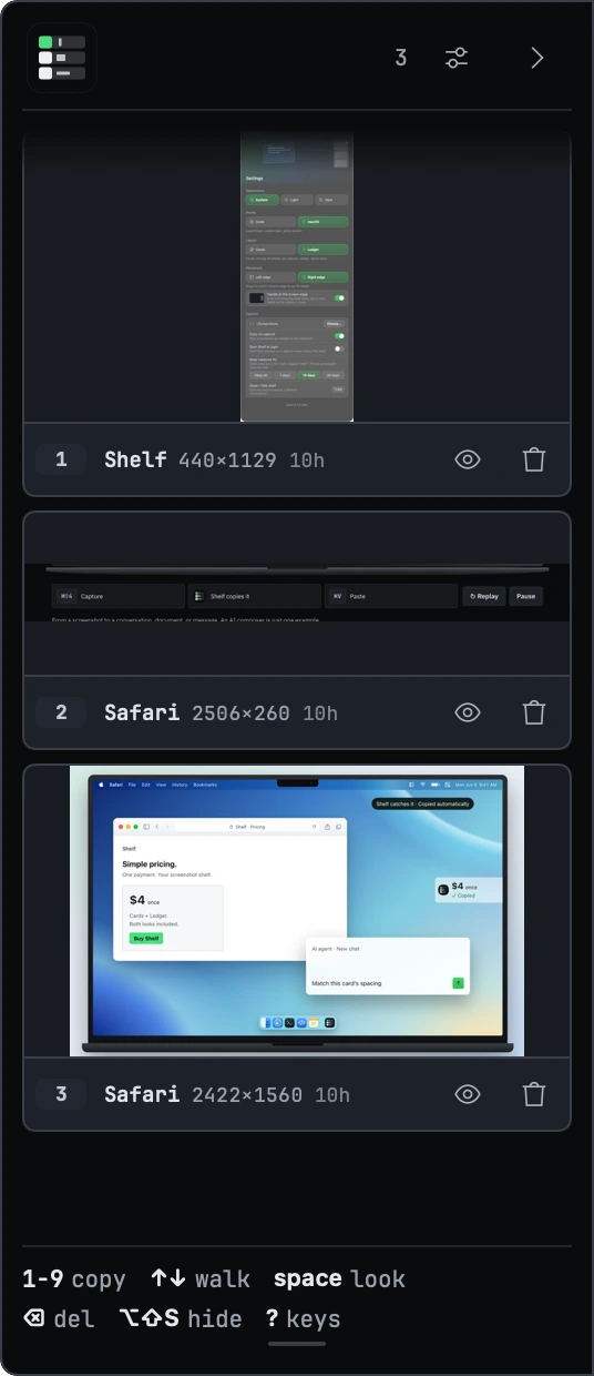Shelf in the Code theme — flat dark panel, JetBrains Mono, green accent