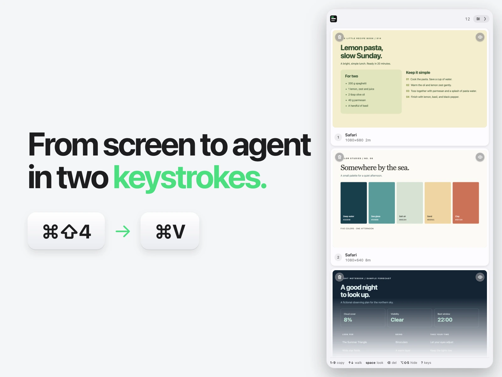 Shelf on the Mac desktop — screenshots on the shelf, ready to paste into an agent