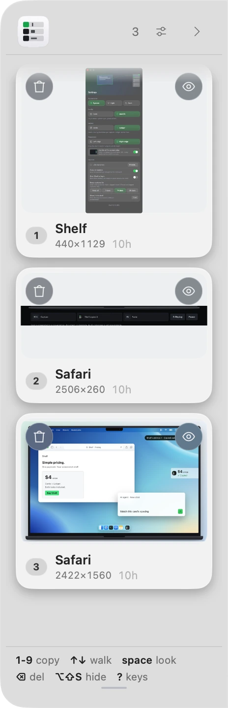 Shelf in the macOS theme — Liquid Glass, SF Pro, buttons on image corners