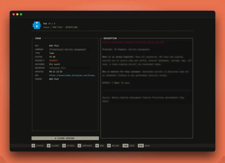 tix single-issue view — the issue fields on the left, the full description on the right, and a "claude session" button underneath