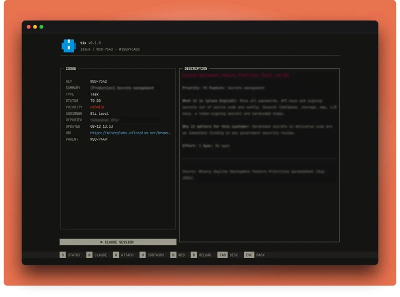 tix single-issue view — the issue fields on the left, the full description on the right, and a "claude session" button underneath