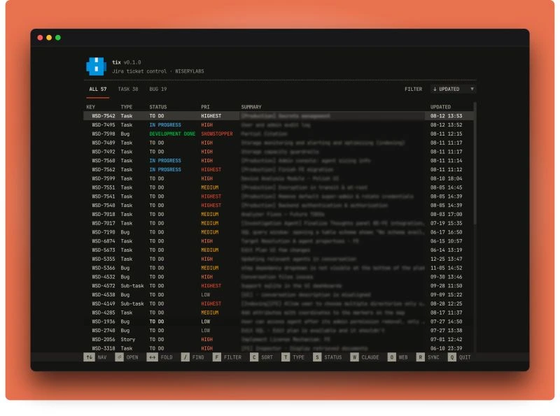 tix ticket list — key, type, status, priority and summary for every open issue, with a keybinding bar along the bottom