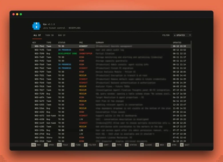 tix ticket list — key, type, status, priority and summary for every open issue, with a keybinding bar along the bottom